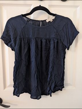 LOFT Black Short-Sleeve Ruffle Yoke Blouse